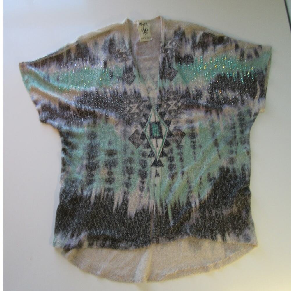 Vocal Beaded Open Front Cardigan Short Sleeve Southwestern Grey Aqua Ladies M